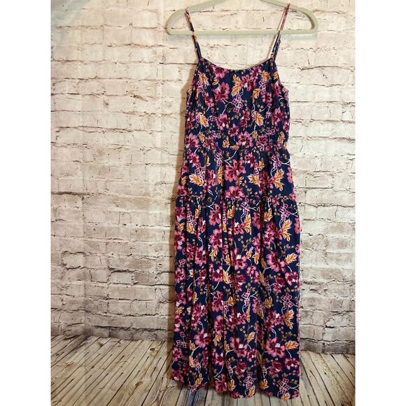Old Navy Linen Midi Dress Womens Medium Navy & Purple Floral Babydoll Tiered - Picture 1 of 15